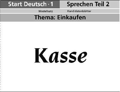Abbildung einer Karte mit Kopfbereich: Start Deutsch 1, Sprechen Teil 2, Modellsatz, Kandidatenblätter, Thema Einkaufen und Inhaltsbereich: Kasse