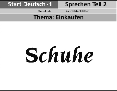 Abbildung einer Karte mit Kopfbereich: Start Deutsch 1, Sprechen Teil 2, Modellsatz, Kandidatenblätter, Thema Einkaufen und Inhaltsbereich: Schuhe