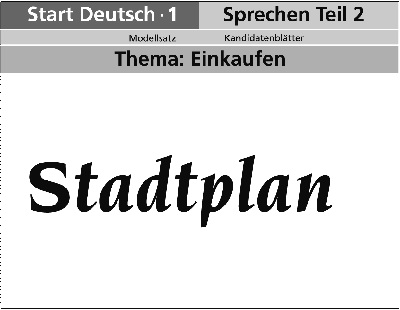 Abbildung einer Karte mit Kopfbereich: Start Deutsch 1, Sprechen Teil 2, Modellsatz, Kandidatenblätter, Thema Einkaufen und Inhaltsbereich: Stadtplan