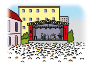 Menschen hören ein Konzert auf einem Platz in der Stadt