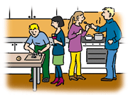Vier Menschen kochen in der Küche